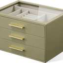 Jewelry Box Organizer Case for Women: 3-Layer Jewelry Storage Case with Glass Window, Olive Green Leather with Cream Velvet, Holder for Ring Necklace Bracelet Brooch Watch, Great Gift for Her