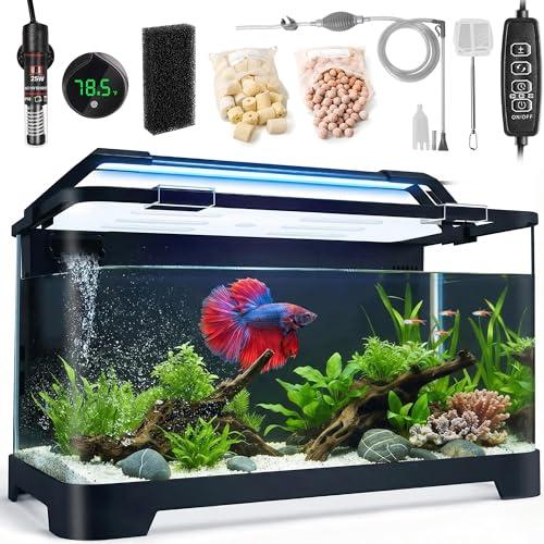 3.5 Gallon Betta Fish Tank, All in One Aquarium Starter Kits with Back Filter, Adjustable Pump, 25W Heater, LED Thermometer, LED Light with Timer & Water Changer Kit, for Mom Wife