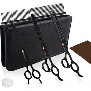 LILYS PET Professional PET DOG Grooming scissors Cutting&Curved&Thinning shears,Round Hole Design, Shark Teeth Thinning scissor (7", Black)