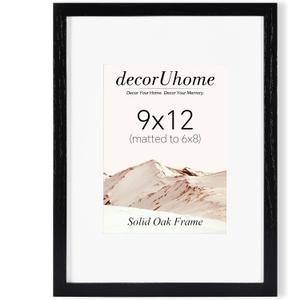 decorUhome Solid Oak Wood 9x12 Picture Frame Black, OW11BK | Matted to 6x8 Pictures with High Definition Plexiglass Cover For Wall & Tabletop Display Photo Frame