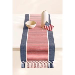 PurpleEssences 4th of July Table Runner - Wide with Dobby Stripe, Heavy Ribbed Weave & Double Knot Fringes, 14x72 Inch (14x77.5 with Fringes) Farmhouse Decor Summer - Red, Blue and White