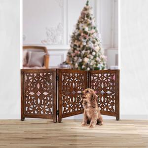 Lightnpro Wooden Pet Gate - Decorative Carved Foldable Dog Gate, Extra-Wide Freestanding Indoor Safety Fence for Small Dogs, Perfect for Stairs, Hallways & Home Dcor - 24x54 Inch Natural Burnt