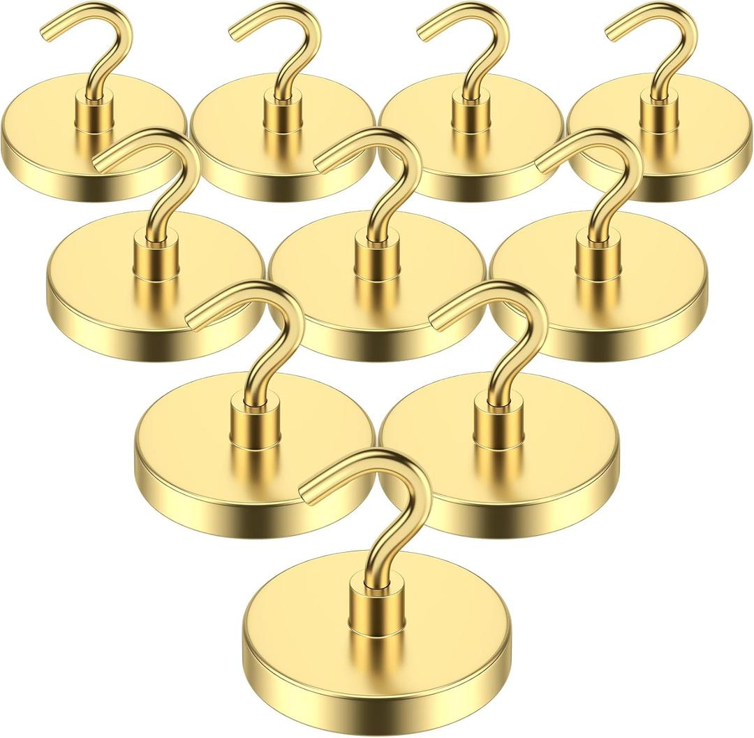 VNDUEEY Magnetic Hooks Heavy Duty, 110 Lbs Super Neodymium Metal Hooks for Hanging, Strong Magnets with Hook for Fridge, Cruise Magnet Hooks for Coat, Banner, Toolbox, and Storage (Gold, Pack of 10)