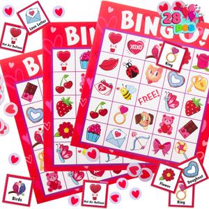 JOYIN 28 Players Valentine's Day Bingo Set, Game Cards for Kids School Classroom Party Supplies, Family Activity