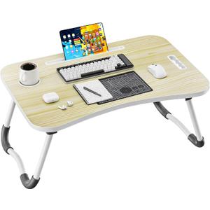 Folding Lap Desk, 23.6 Inch Wood Laptop Bed Desk with Cup Holder, Portable Bed Table for Working Writing Reading & Eating for Bed, Sofa, Couch, Floor - Beige
