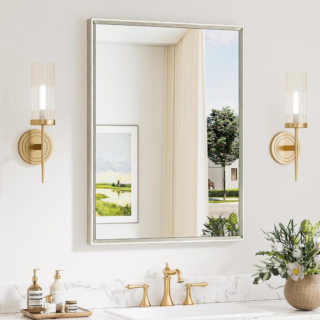 Keonjinn 24 x 32 Inch Brushed Nickel Bathroom Mirror, Aluminum Metal Frame