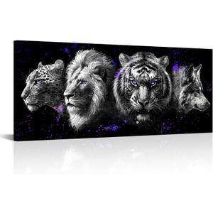 Kalormore Black and White Animal Wall Art Leopard Wolf Lion Tiger Head with Purple Eyes Paintings Canvas Wildlife Artwork Framed Modern Home Office Decor