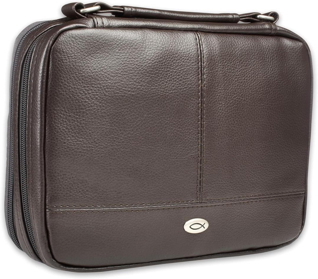 Christian Art Gifts Faux Leather Bible Cover for Men and Women | Ichthus Jesus Fish Emblem Zippered Two-Fold Organizer Case for Bible or Book w/Handle