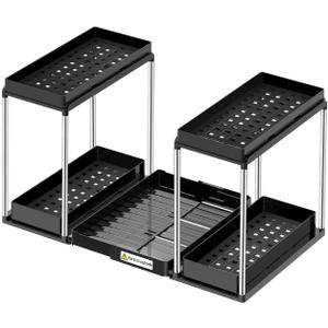 NIUXX Expandable Under Sink Organizer: 2 Tier Under Cabinet Organizer - Double Pull Out Shelf Under Sink Storage for Kitchen - Bathroom and Laundry Room - Space Saving