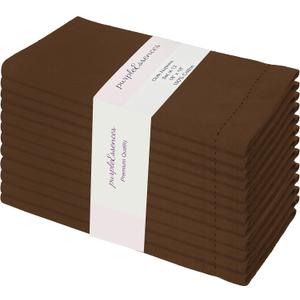 PurpleEssences Set of 12 Hemstitch Cloth Dinner Napkins 100% Cotton - Soft Durable Washable - Ideal for Wedding Christmas Holiday Winter - Perfect Everyday Use Table Linen 18x18 - Nut Brown