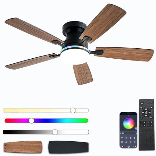 Ayaoty Ceiling Fans with Lights, 48 inch Low Profile Ceiling Fan with Light and Remote Control, Flush Mount RGB Dimmable Light, Noiseless, Brown Ceiling Fan for Bedroom Indoor/Outdoor Use