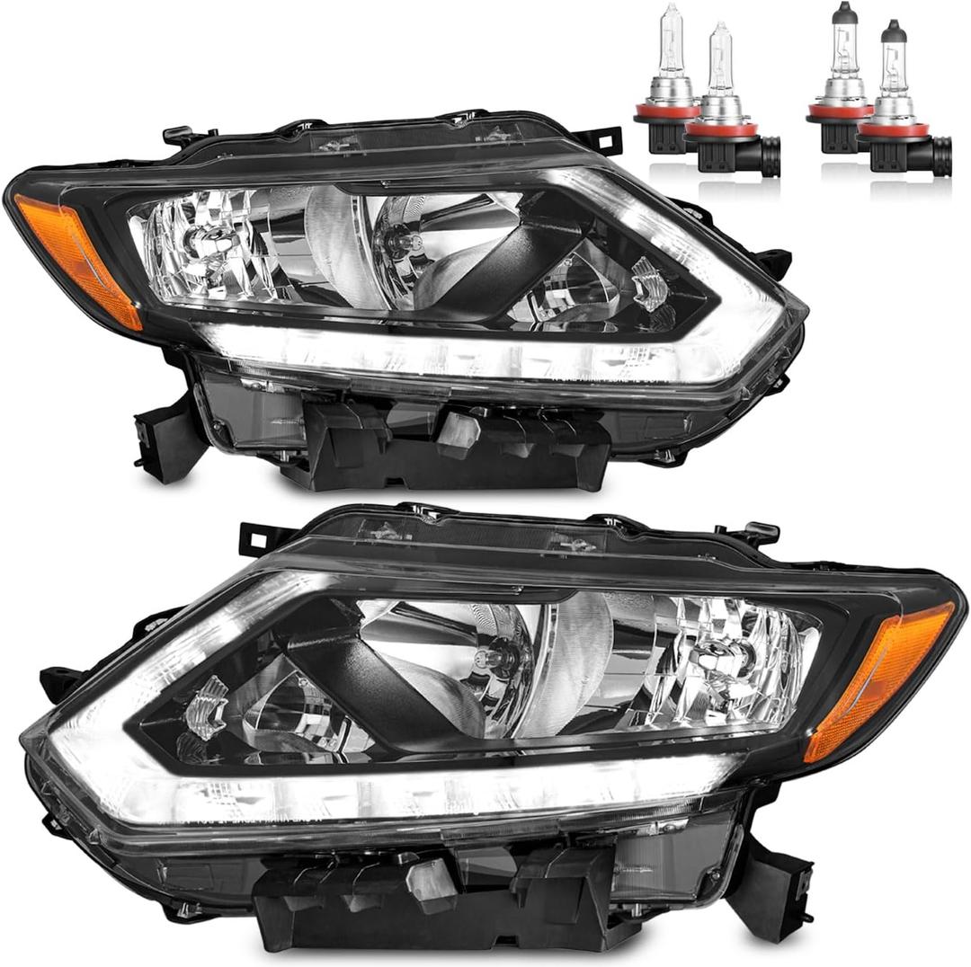Halogen Headlights Assembly with LED DRL Strip for 2014-2016 Rogue Headlamp Replacement Driver & Passenger Side (NO PROJECTOR)