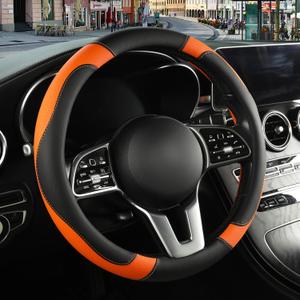 Microfiber Leather Steering Wheel Cover Large for Ford F150 F250 F350 RAM 4Runner Tacoma Tundra Range Rover Model X Model S, Breathable, Anti Slip, 15.5 inch to 16 inch, Black with Orange