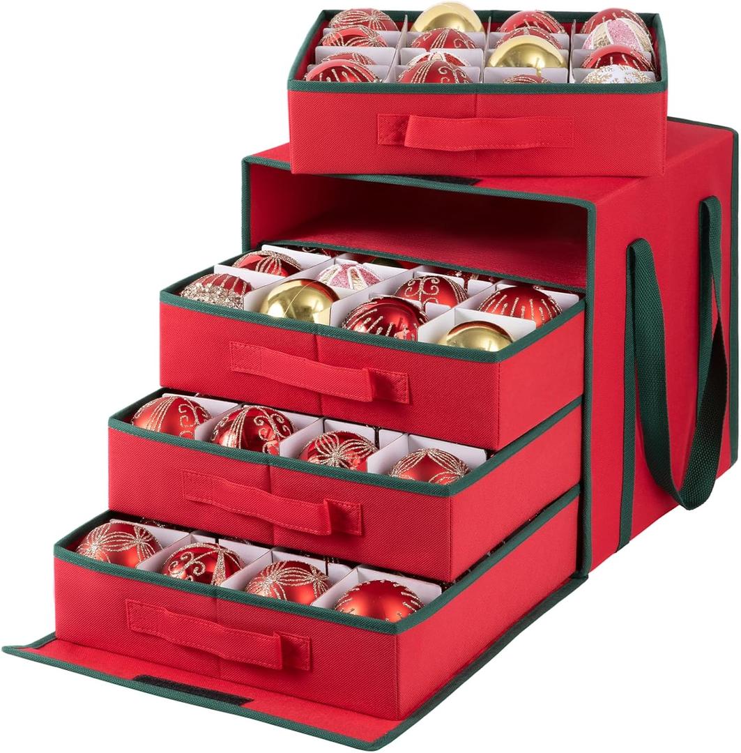 OIAHOMY Christmas Ornament Storage Box with Adjustable Dividers, Christmas Storage Container with Side Open Stores up to 64-3'' Ornaments, 4 Removable Drawer Style Trays - Red