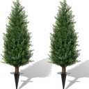 3FT Artificial Cedar Topiary Trees with Ground Spike, Set of 2 UV Resistant Fake Evergreen Bushes Shrubs Trees Artificial Plants Realistic Faux Cypress Plants for Indoor Outdoor Front Porch Garden