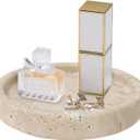 Travertine Tray, Small Ceramic Vanity Tray for Bathroom Counter Decor, Round Marble Decorative Trays for Coffee Table (Beige, Small Size) (5.9")