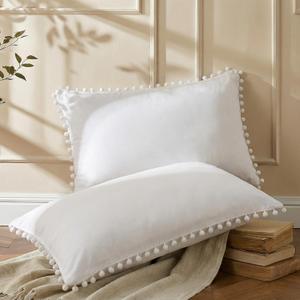 White Pillowcases, Pom Poms Fringe Pillowcases, Pure White Boho Chic Pillow Shams, Ultra Soft Washed Microfiber 2 Pack Pillow Cover (King, White)