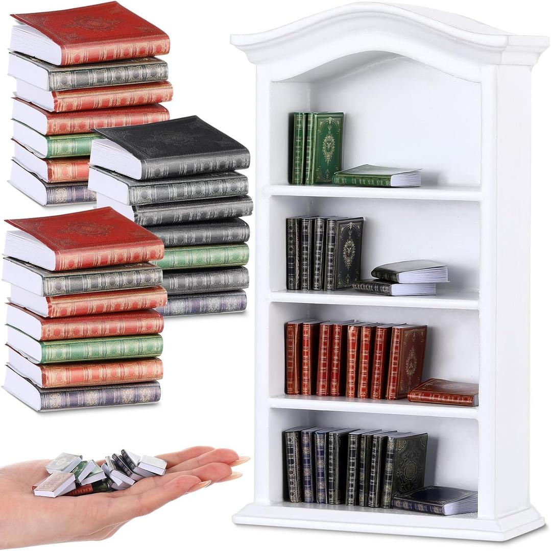 Poen 27 Pcs 1: 12 Scale Miniatures Dollhouse Books and a Wooden Bookcase 4 Floors Dollhouse Bookshelf Decoration Accessories for House Bedroom, White