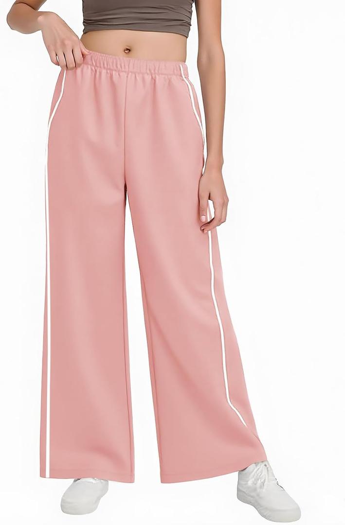 Haloumoning Girls Wide Leg Track Pants Kids Baggy Striped Parachute Pants Athletic Joggers with Pockets 5-14Y (Pink)