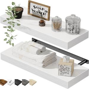 QEEIG Bathroom Floating Shelves for Wall - 15.7" Wall Mounted Shelf Over Toilet Farmhouse Home Decor Display Bookshelf Small 15.7 x 6.7 inch Set of 2, White (008-40W)