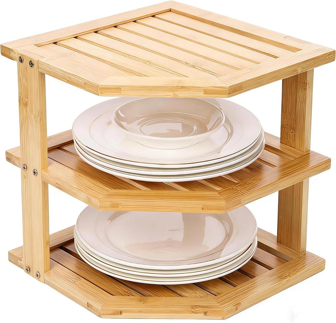 Plate Organizer for Cabinet and Kitchen Countertop, 3-Tier Bamboo Corner Shelf - Space Saver, 3 Tier Shelf for Dishes, Bowls, Bread Storage in Pantry & Bathroom (9.5, Natural)