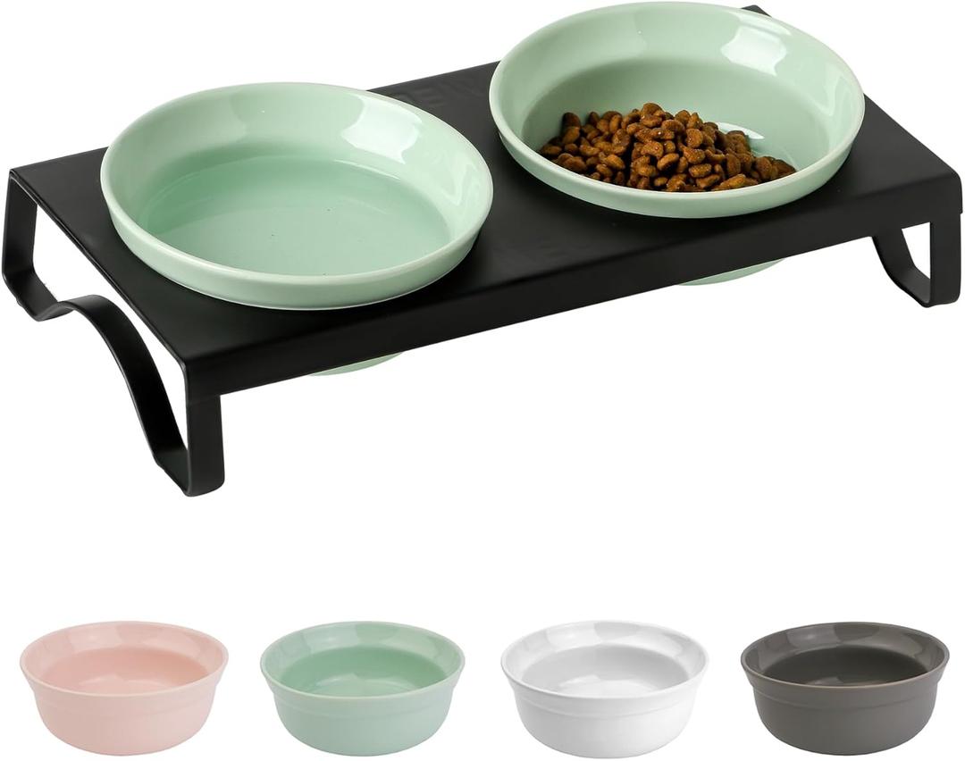 Ceramic Green Cat Bowl Set - 5 inch Wide Cat Food & Water Bowls, Elevated Feeding Porcelain with Metal Stand for Indoor Cats and Small Dog,2 Bowls+1 Stand Set for Wet and Dry Food