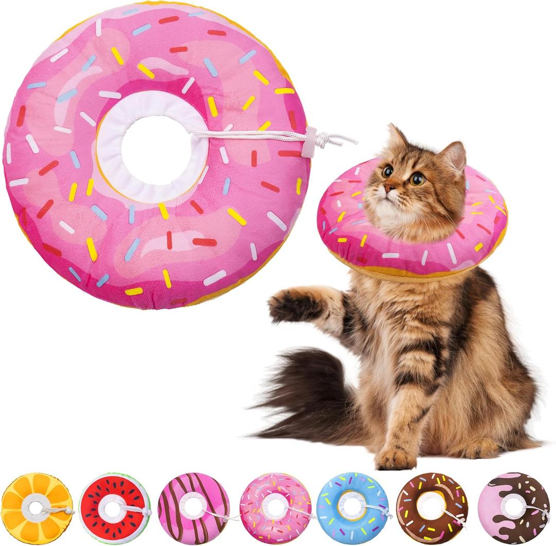 Cat Cone Soft Collar, Adjustable Cat Recovery Collars Kitten Cones to Stop Licking, Cute Donut E Collar After Surgery, Elizabethan Healing Protective Cones After Spay (Donut Pink, Large)
