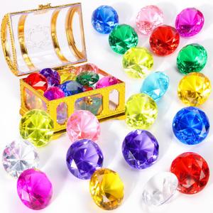 Diving gem Pool Toys Sand Toys,16 Big Colorful Diamond with Pirate Treasure Chest Summer Training Swimming Diving Underwater Toy Children's Game Gifts (Golden)