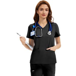 Scrub Tops for Women - V-Neck with 2 Pockets, Soft 4-Way Stretch, Anti-Wrinkle & Easy Care for Medical Uniforms (Medium, Black)