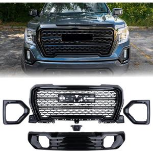 Grille Set 5pcs Compatible with 2019-2022 GMC Sierra 1500 Denali AT4 Front Upper Grill Lower Grille Trim Plate Fog Light Bezels Camera bracket Black Kit 84508282 84176747