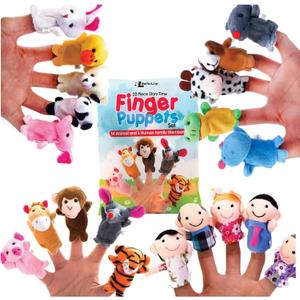 20-Piece Story Time Finger Puppets Set - Cloth Velvet Puppets - 14 Animals and 6 People Family Members