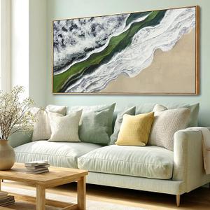 Sage Green Wall Art Abstract White Green Beach Wave Wall Decor Framed Canvas Prints Posters Pictures Artwork 24"x48" Ready to Hang