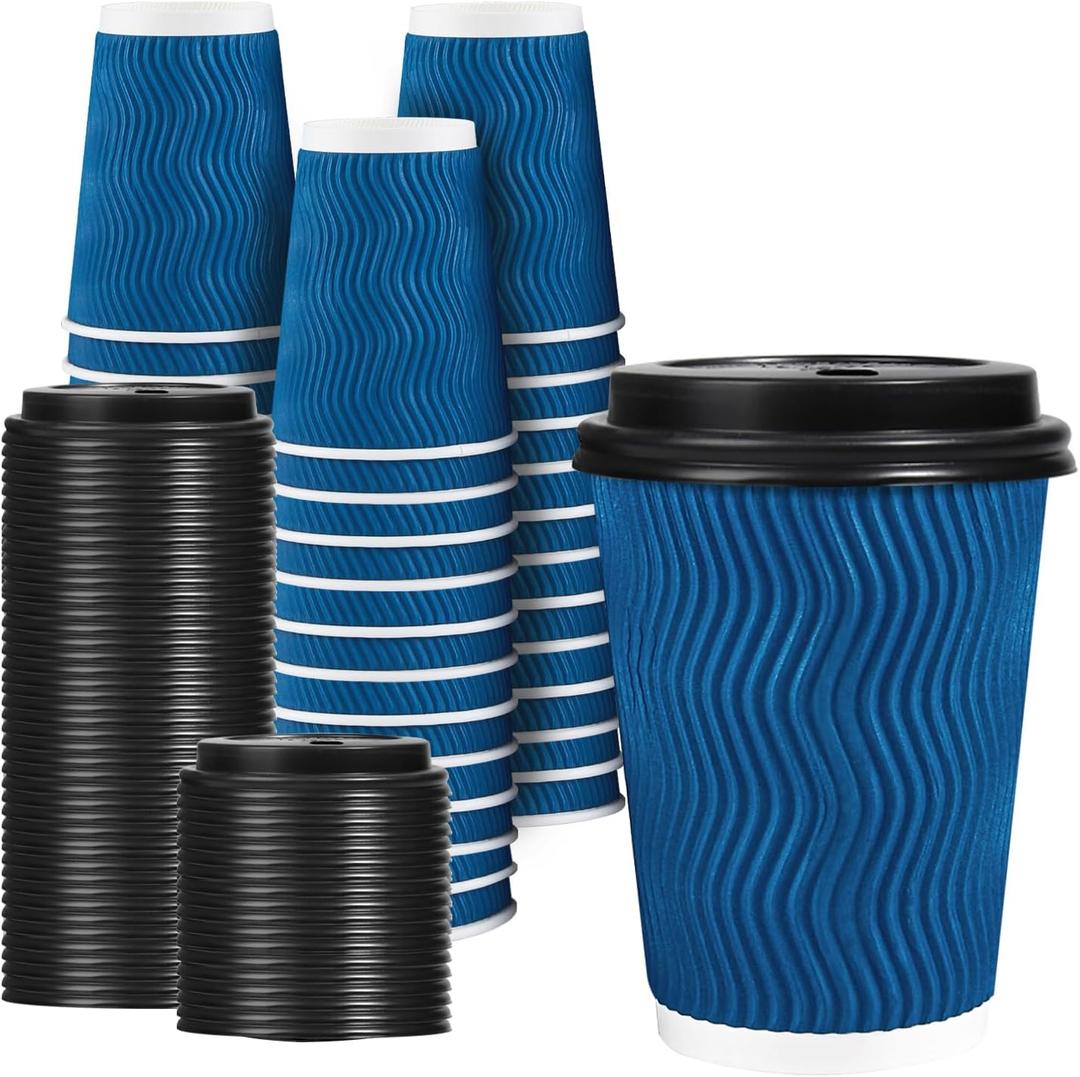 Lamosi 12 OZ Disposable Coffee Cups with Lids 50 Pack, Hot Paper Insulated Corrugated Ripple Wall Cup for To Go Drinks and Beverages (Blue)