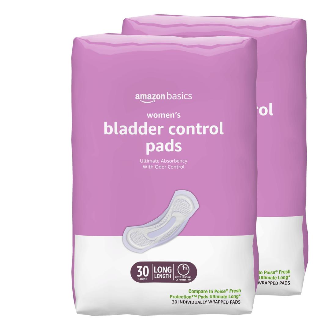 Amazon Basics Incontinence, Bladder Control & Postpartum Pads for Women, Unscented, Ultimate Absorbency, Long Length, 60 Count (2 Packs of 30)