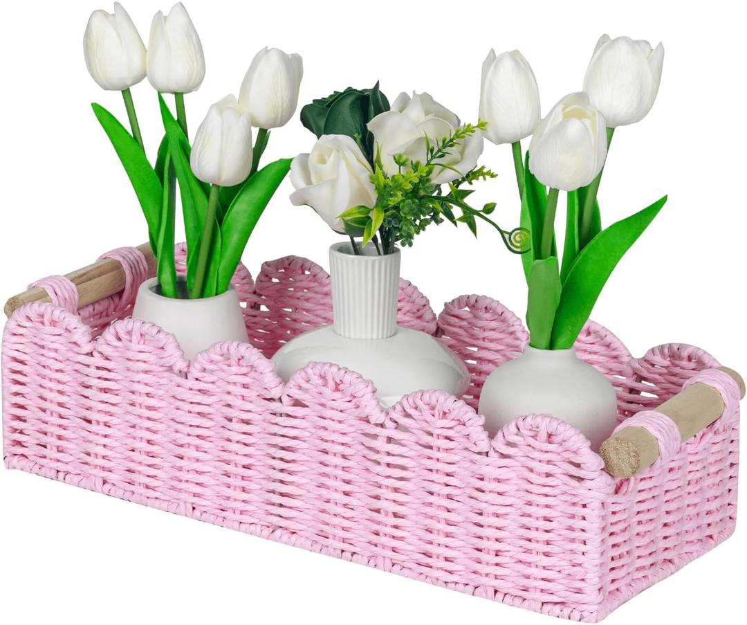 CubesLand Paper Rope Scalloped Edge Gift Basket Empty, Small Living Room,Bedroom Decor Baskets, Pink Woven Toilet Paper Storage Basket, with 2 Wooden Handle, Rectangular (M - 14"L x 6.3"W x 3.9"H)