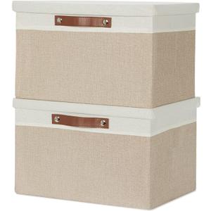 Temary Foldable Storage Bins with Lids, [2-Pack] Large Storage Baskets with Lid, Fabric Storage Bin for Organizing Home (White & Khaki, 15x11x9.5inch)