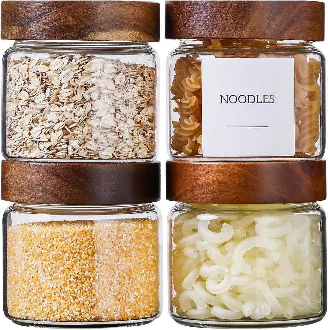 Glass Jars with Wood Lid 15 Oz 4 Pack, 3.44 MM Thick Glass Containers Mason Jars for Kitchen Storage with Screw Top