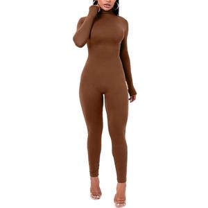Azhong Women's Sexy Long Sleeve Turtleneck Jumpsuits Bodycon Back Zipper High Waist One Piece Casual Club Rompers (Medium, Brown)