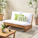 Great Deal Furniture Kaitlyn Outdoor Acacia Wood Loveseat with Cushions, Teak and White