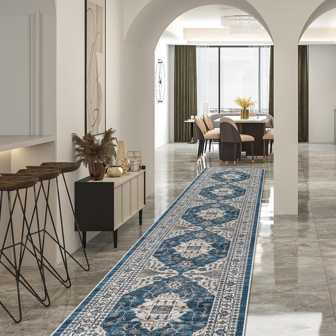 Hallway Washable Runner Rug - 2'6x14 Kitchen Rugs Entryway Rug Runner Vintage Soft Floor Mat Non Slip Indoor Farmhouse Carpet for Bathroom Living Room Bedroom (2'6''x14', Blue)