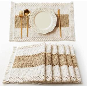 FEXIA Boho Placemats Set of 6, Macrame Table Decor Farmhouse Style Placemats in Natural Cotton Burlap, for Kitchen and Dining Table Centerpiece Home DecorationsBeige & Brown