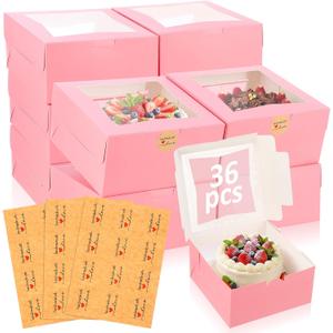 Zhanmai 36 Pcs Cake Boxes with Window 8 x 8 x 4 Inch Mother's Day Bakery Boxes Cookie Box Pastry Box with Stickers for Cupcake Donuts Pie Dessert Muffins Pastry Wedding Birthday Party(Pink)