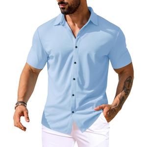 URRU Men's Muscle Dress Shirts Short Sleeve Stretch Casual Button Down Shirts Wrinkle Free Slim Fit Dress Shirt for Men (Medium, Light Blue)