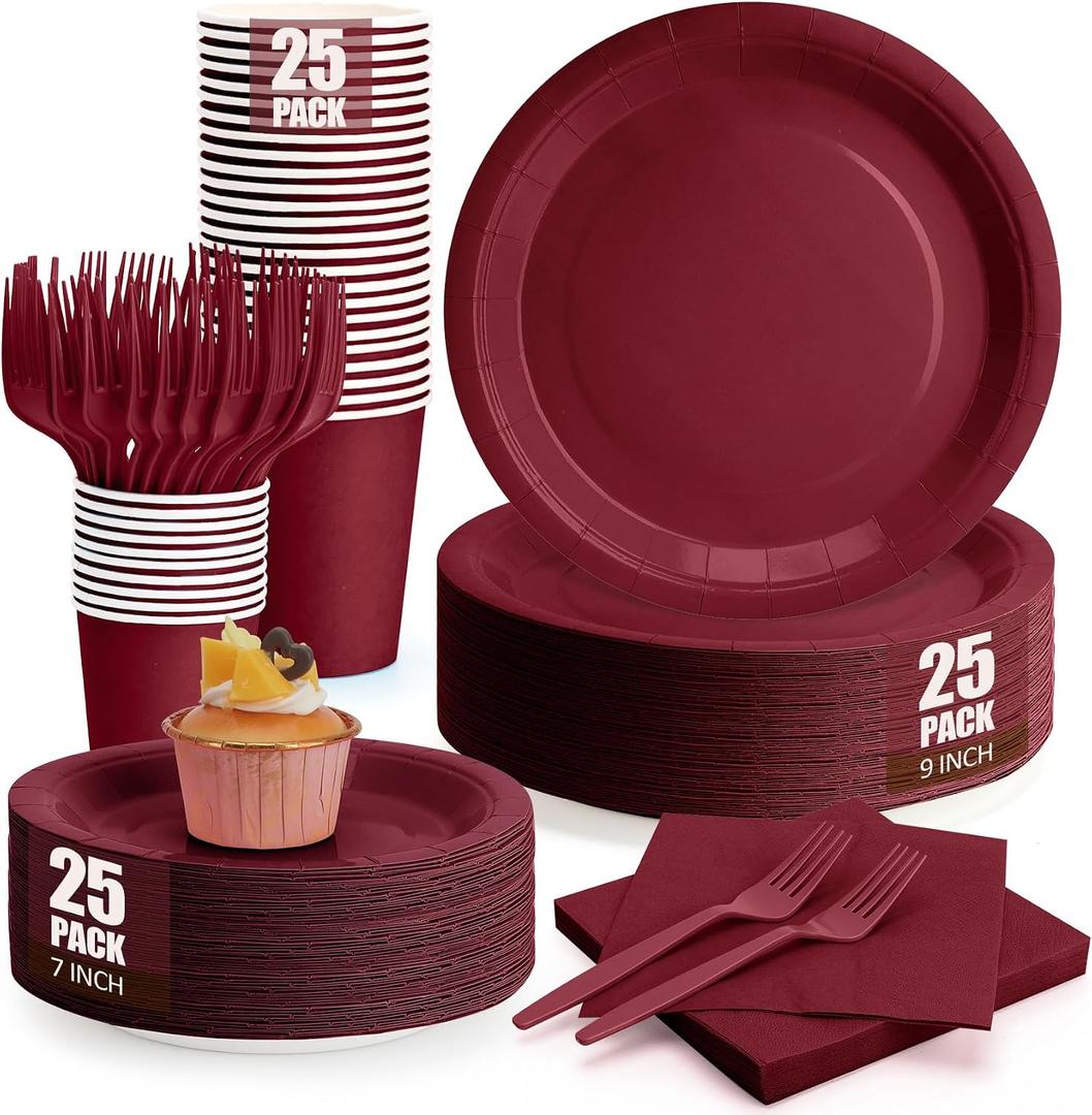 Burgundy Plates and Napkins Party Supplies, Include 9Disposable Burgundy Paper Plate, 7Dessert Plates and Cups and Napkins Forks Set for Birthday, Anniversaries, Wedding, Serves 25