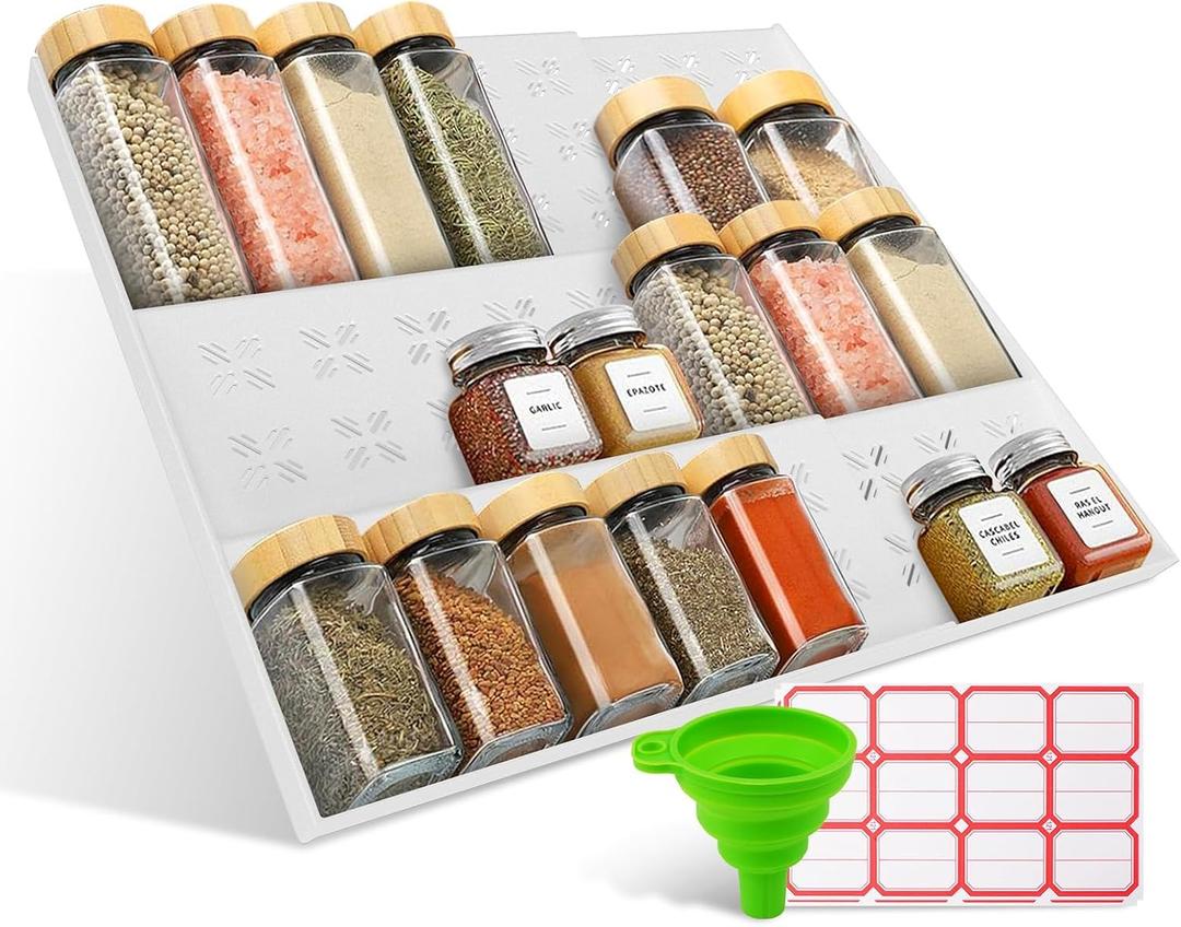 Adjustable 3-Tier Drawer Spice Organizer Thick Plastic, Non-Slip, Fits 11"-22" Kitchen Drawers, Includes Labels & Funnel (No Jars)