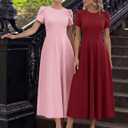MEROKEETY Women's 2026 Summer Midi Dresses Short Sleeve Crewneck A Line Pleated Wedding Guest Flowy Long Dress with Pockets (Pink, S)