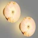 Round Alabaster Wall Sconce Natural White Marble Sconces Set of Two, 3 CCT Adjustable Wall Lamp Decor Home, 8W Hardwired Circular Wall Lights for Bedroom, Stairs, Living Room, Bedside, Hallway (Gold)
