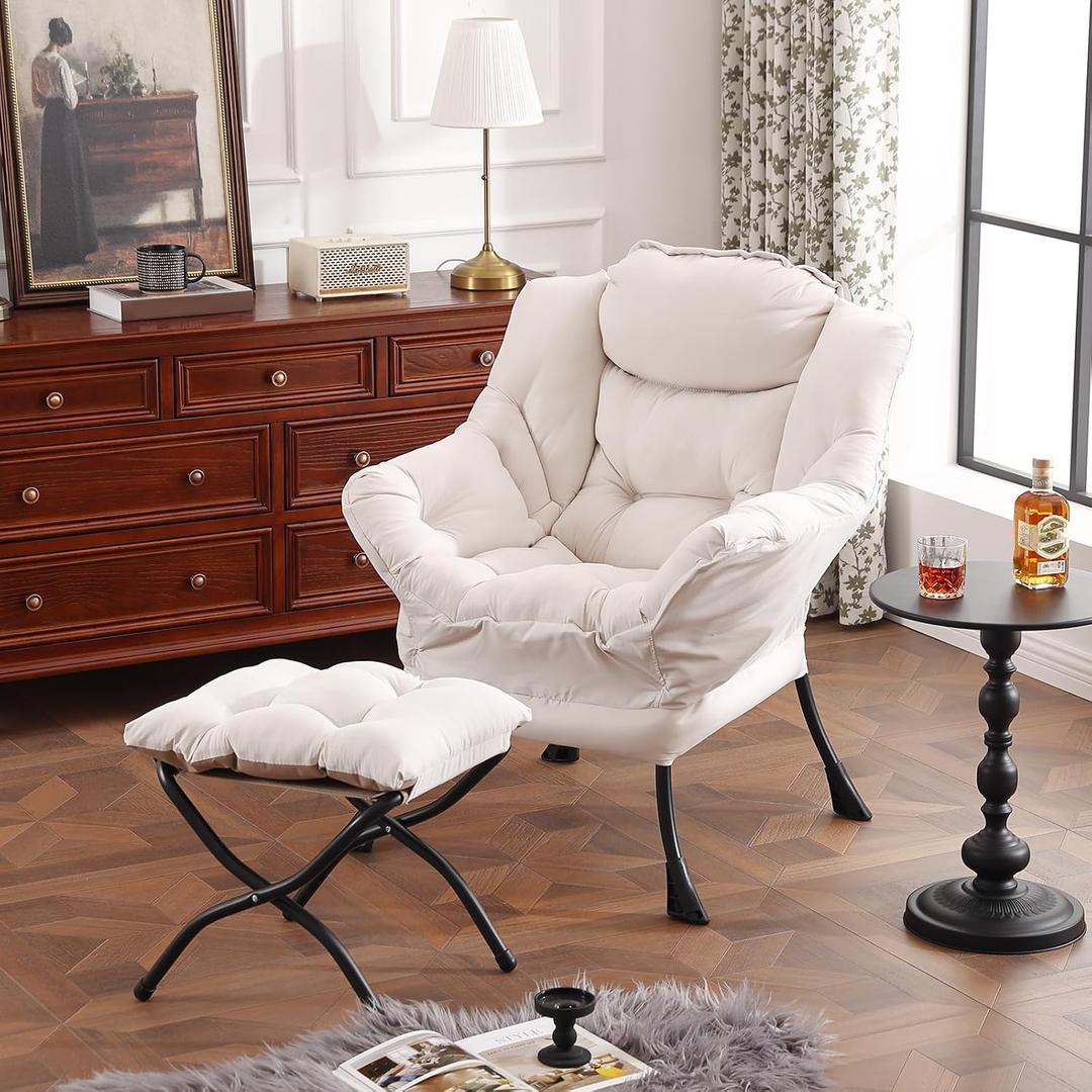 Furlide Lazy Chair with Ottoman, Modern Accent Chair with Armrests and a Side Pocket, Beige Accent Chairs, Reading Chairs, Oversized Armchairs for Bedroom, Study, Living Room, Courtyard, Length: 2.77 ft, Width: 2.48 ft, Height: 0.85 ft