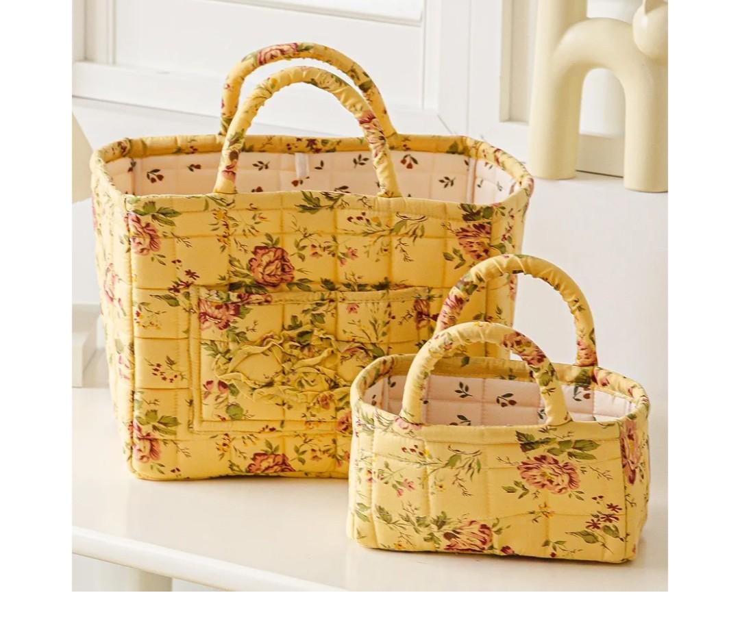 vctops 2 Pack Boho Cotton Quilted Storage Baskets for Organizing, Basket Organizer Gift Basket with Handles, Storage Bins for Toys, Books, Towels, and Clothes, Collapsible Fabric(Floral E)