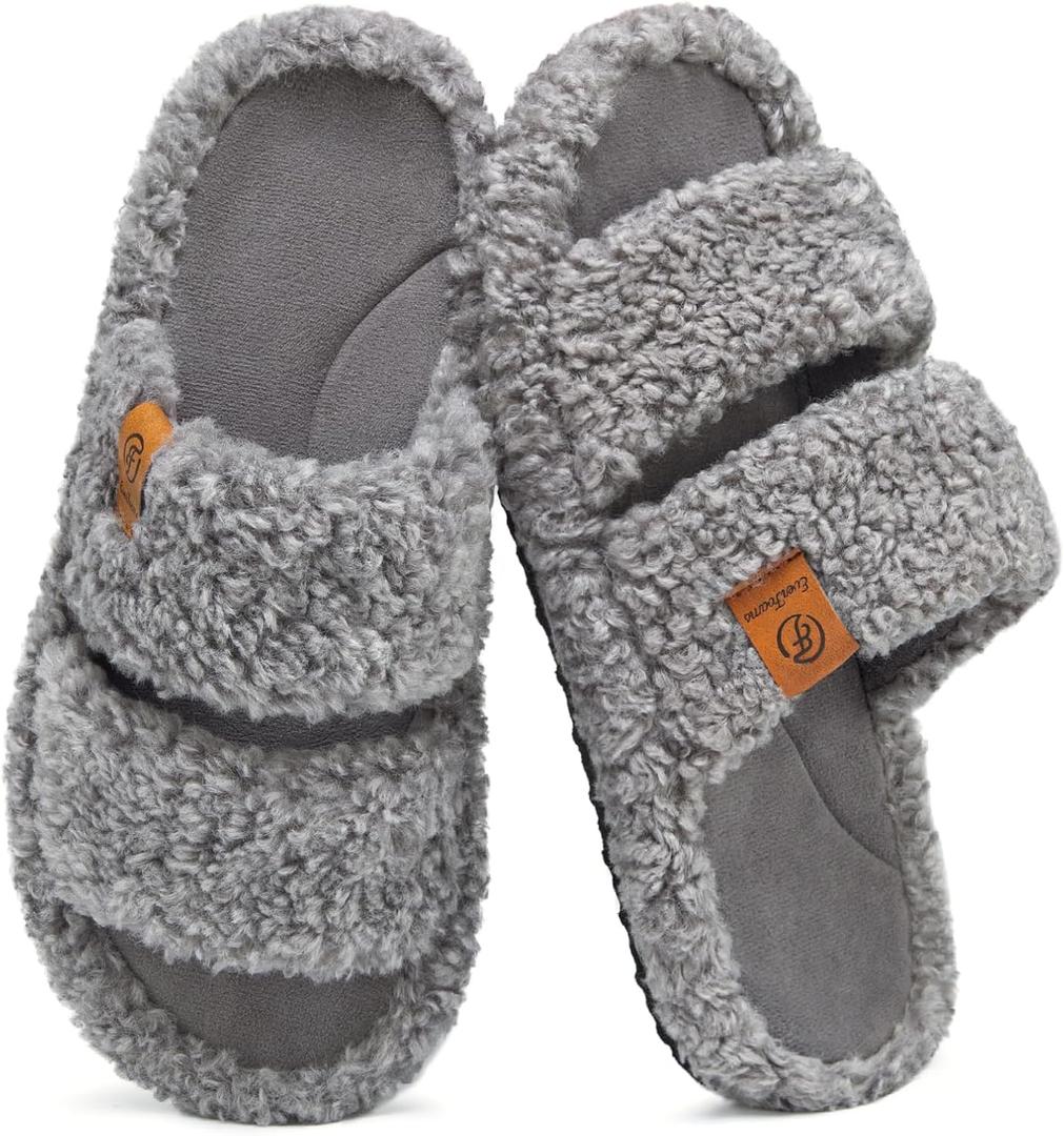 EverFoams Womens Fuzzy Open-toe Slippers Soft Comfy Memory Foam Indoor House Shoes (9-10, Cool Gray)